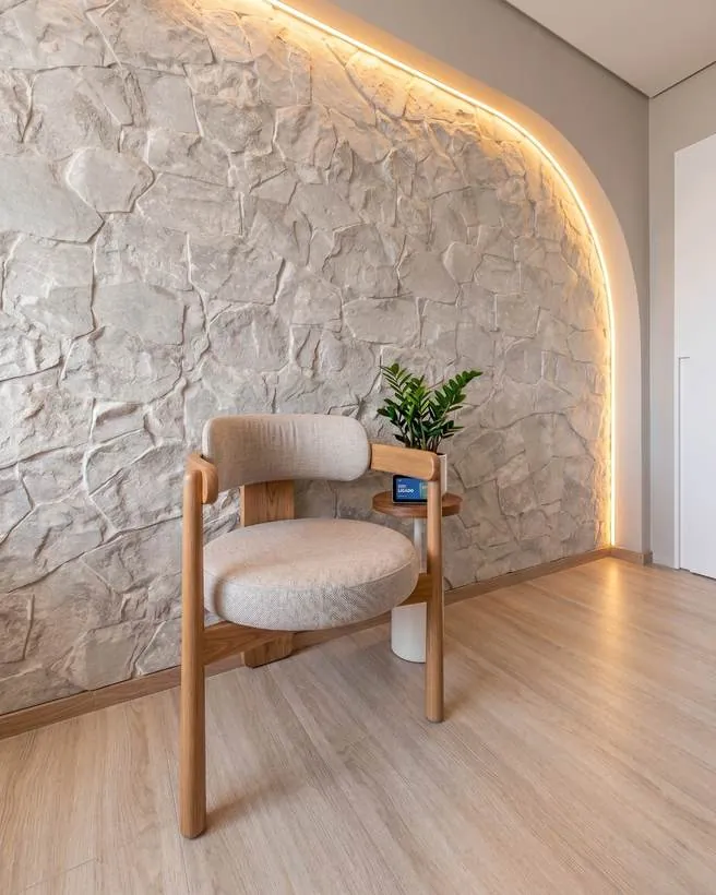 Hall com parede de pedra renderizado pela C.ia Fotografia