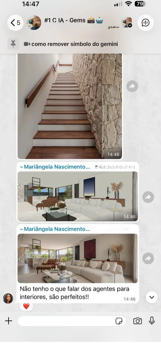 Print de conversa: arquiteta mostrando o render feito com os agentes