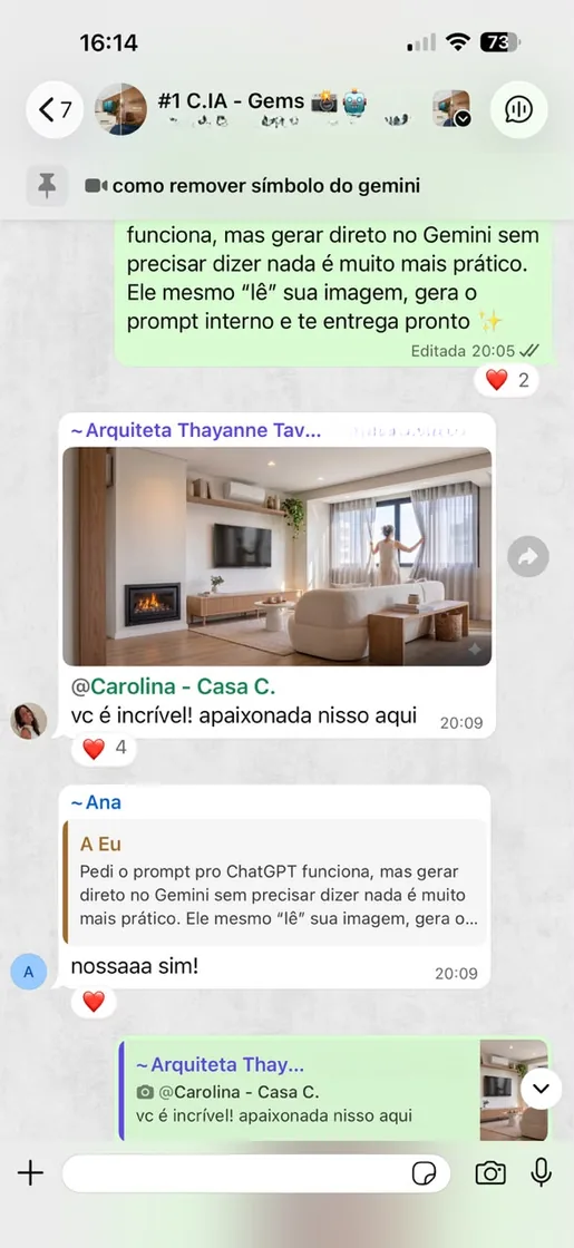 Print de conversa: arquiteta mostrando o render feito com os agentes