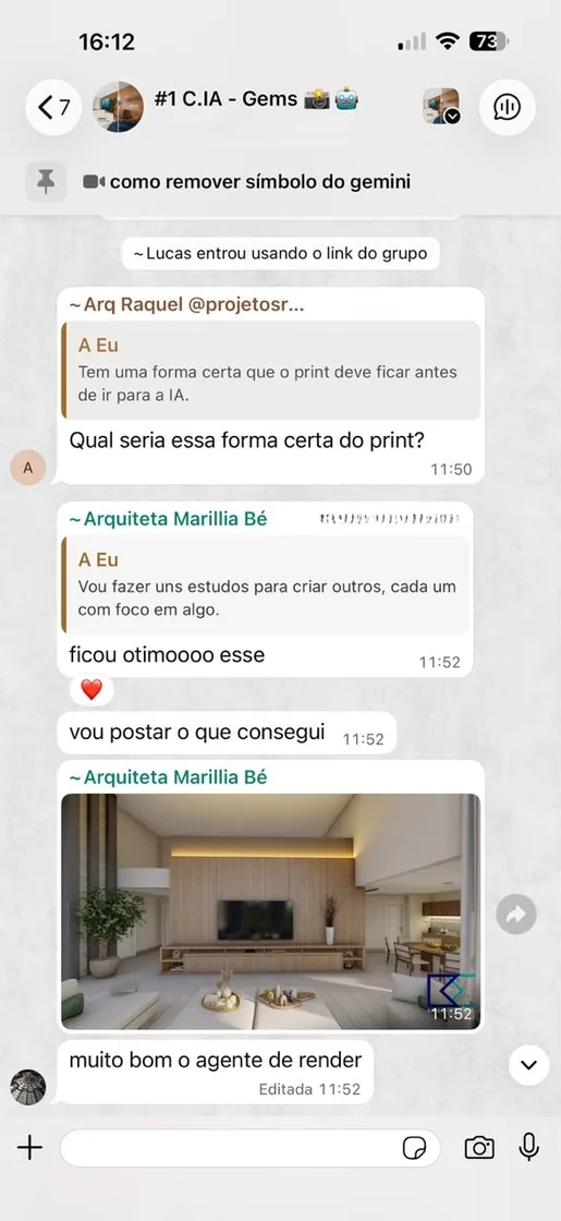 Print de conversa: arquiteta mostrando o render feito com os agentes
