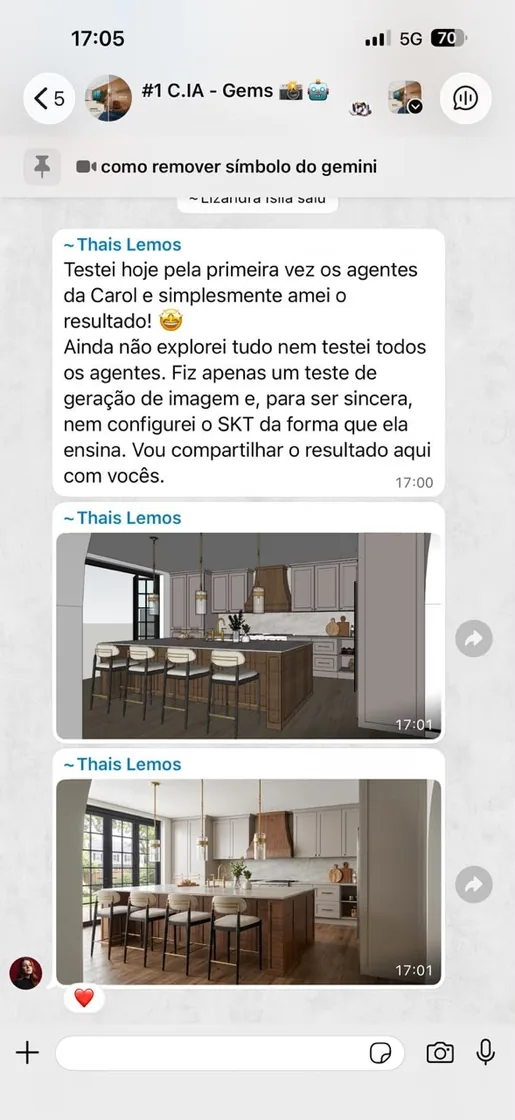 Print de conversa: arquiteta mostrando o render feito com os agentes