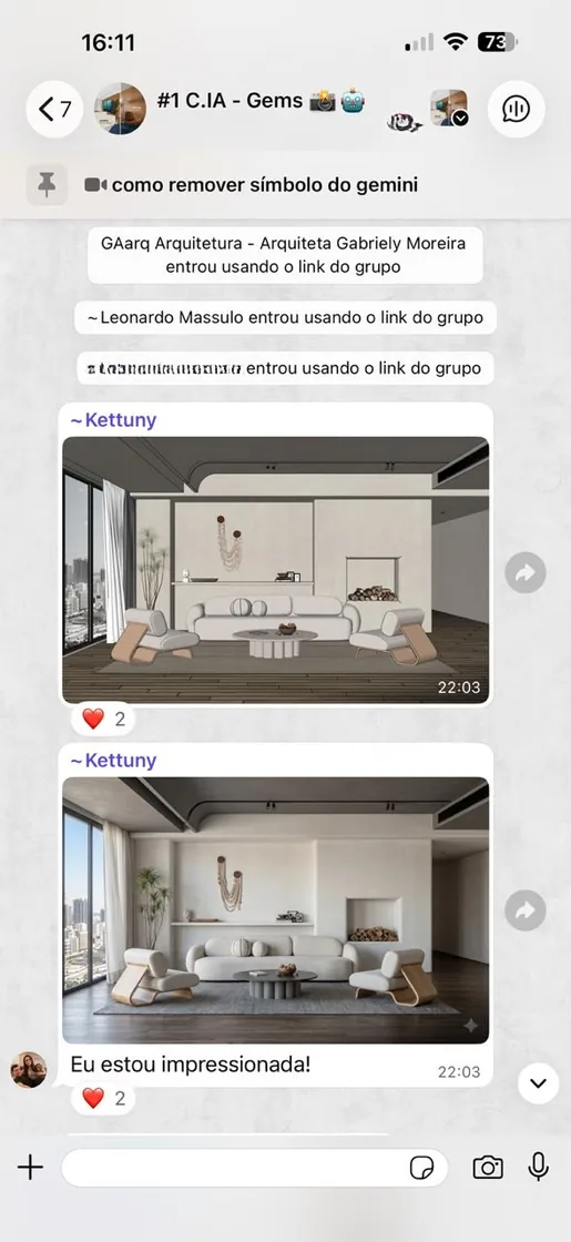 Print de conversa: arquiteta mostrando o render feito com os agentes