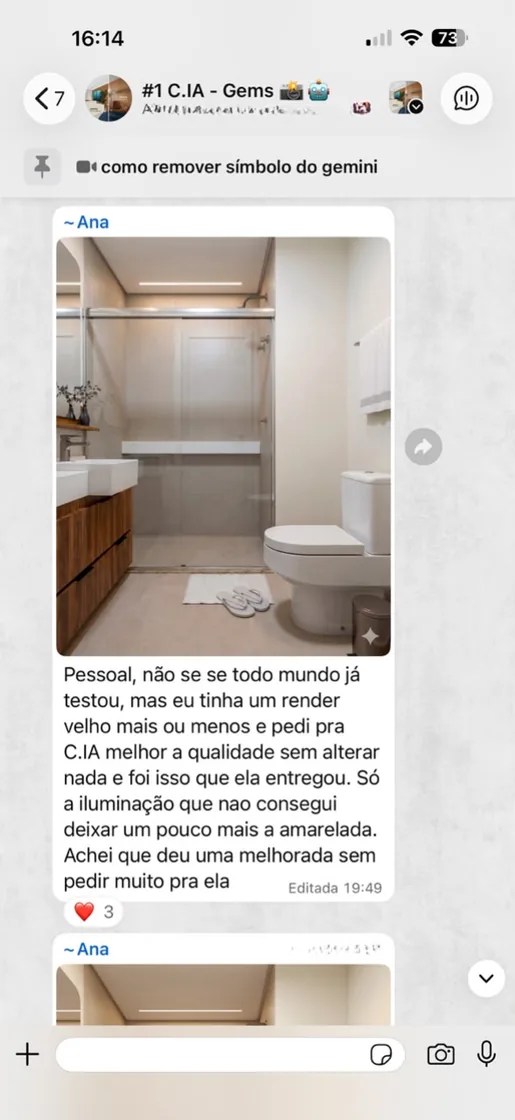 Print de conversa: arquiteta mostrando o render feito com os agentes